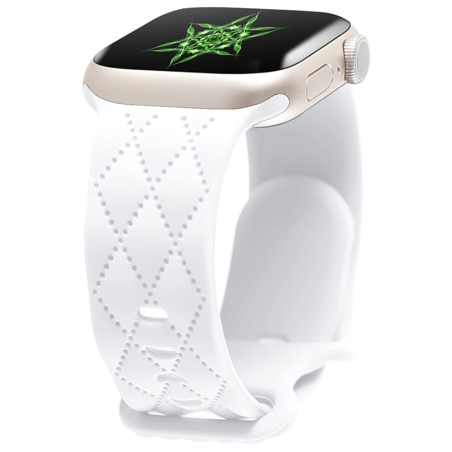 Apple Watch with a white silicone strap featuring a diamond pattern, combining style and comfort.