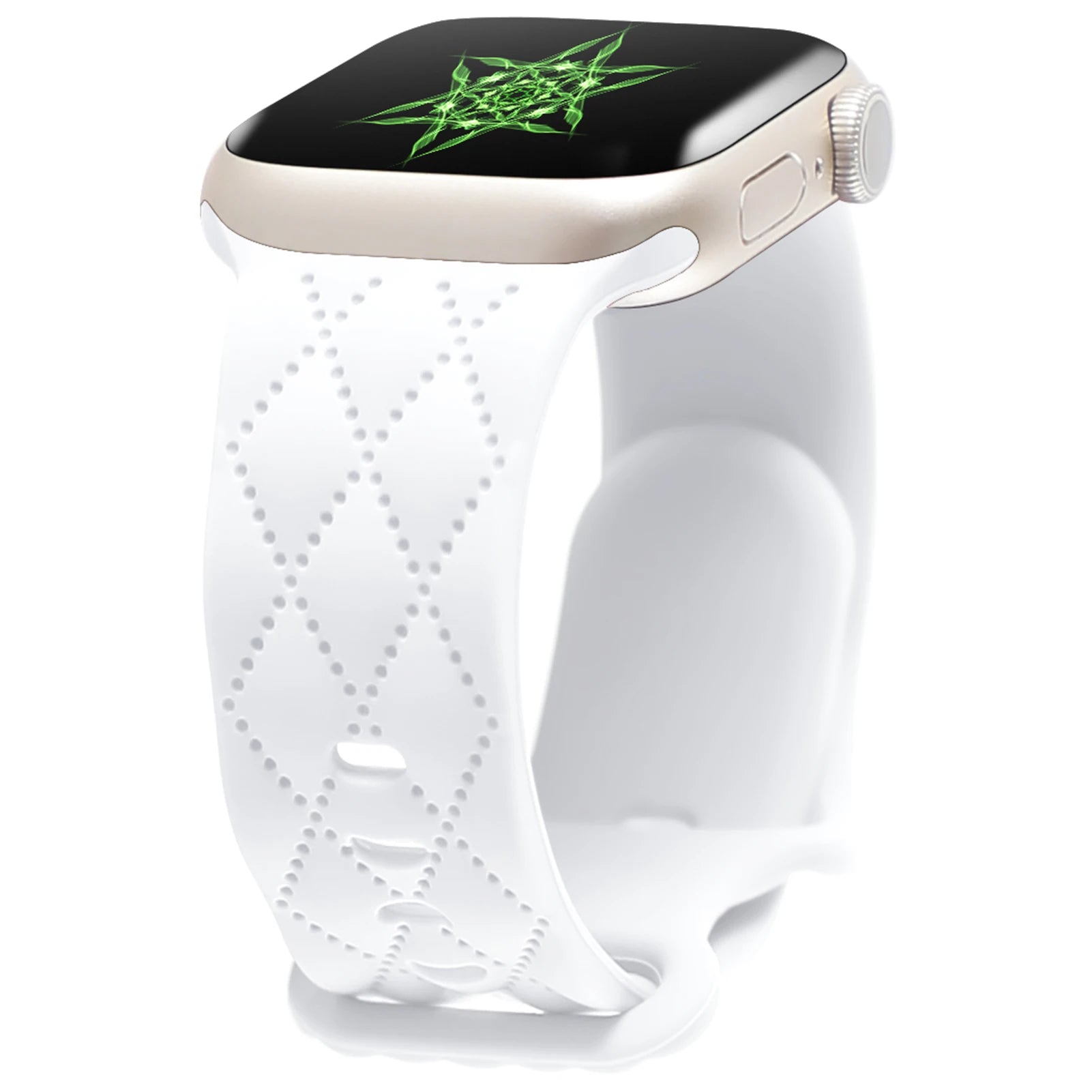 Apple Watch with a white silicone strap featuring a diamond pattern, combining style and comfort.