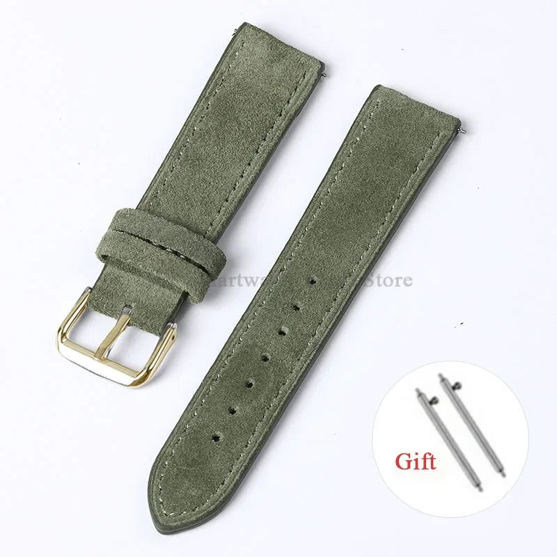 OnePlus Smartwatch Vintage Suede Leather Band Quick Release Strap in green with gold buckle and gift installation tools.