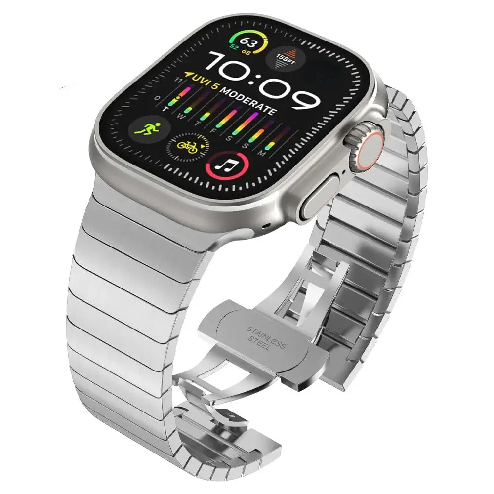 Silver flat-link stainless steel Apple Watch band