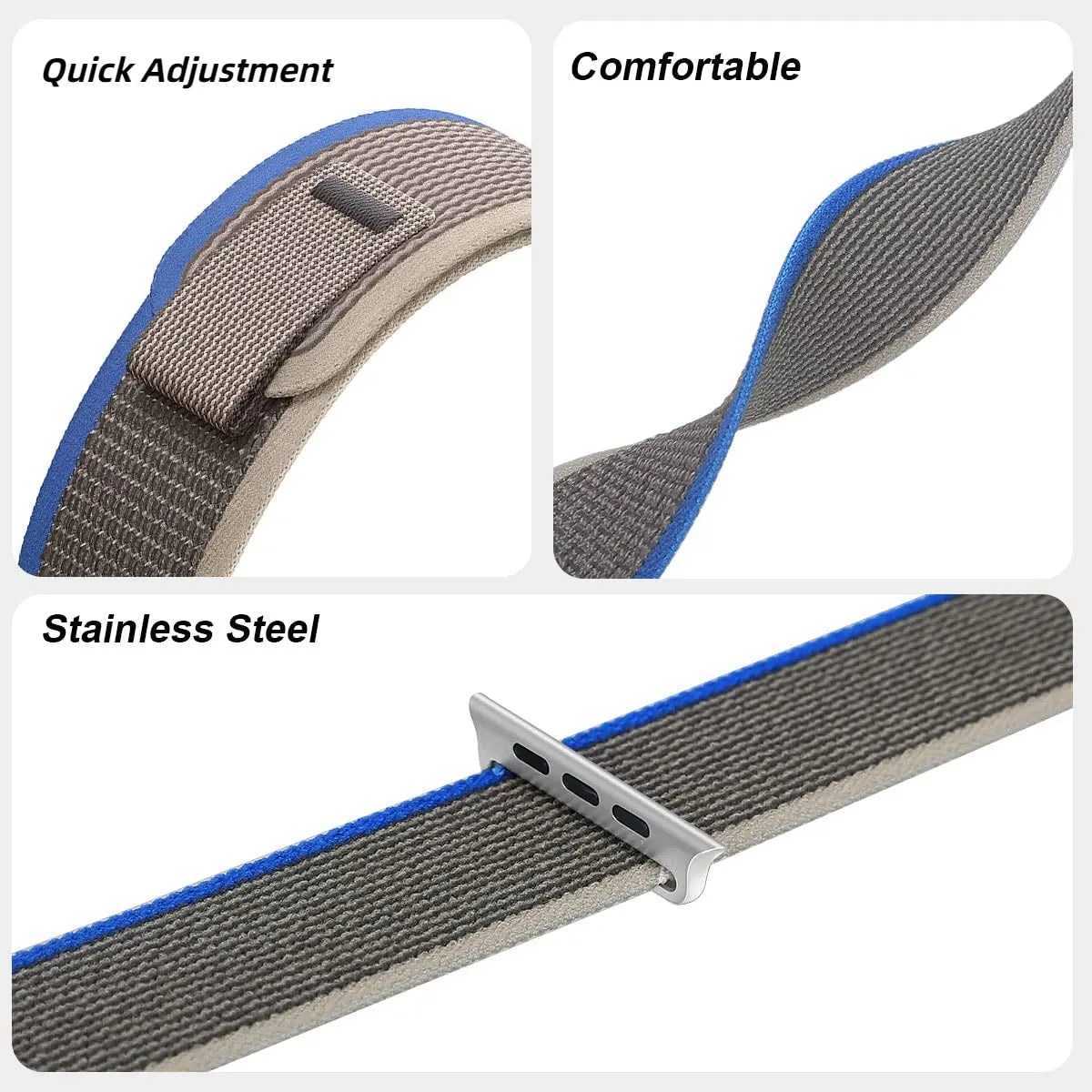 Apple Watch Trail Loop Nylon Strap features quick adjustment, comfort, and stainless steel details for durability.