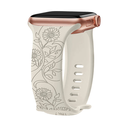 Floral engraved Apple Watch silicone strap in soft, waterproof material, perfect for style and comfort.