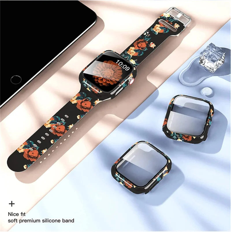 Apple Watch with unique floral silicone strap design, showcasing vibrant patterns and comfortable fit.