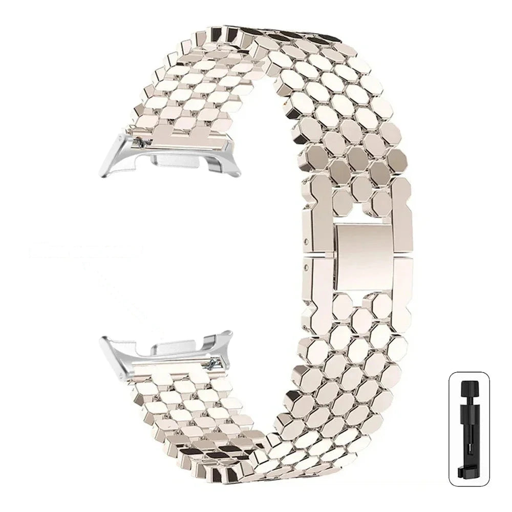 Samsung Galaxy Zinc Alloy Honeycomb Watch Band - Watch8/Watch8 Classic/Watch9/Ultra/Ultra2 in starlight color with silver connector.