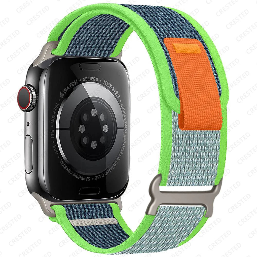 Apple Watch with Trail Loop Nylon Strap showcasing a durable, lightweight design in vibrant colors for comfort and style.