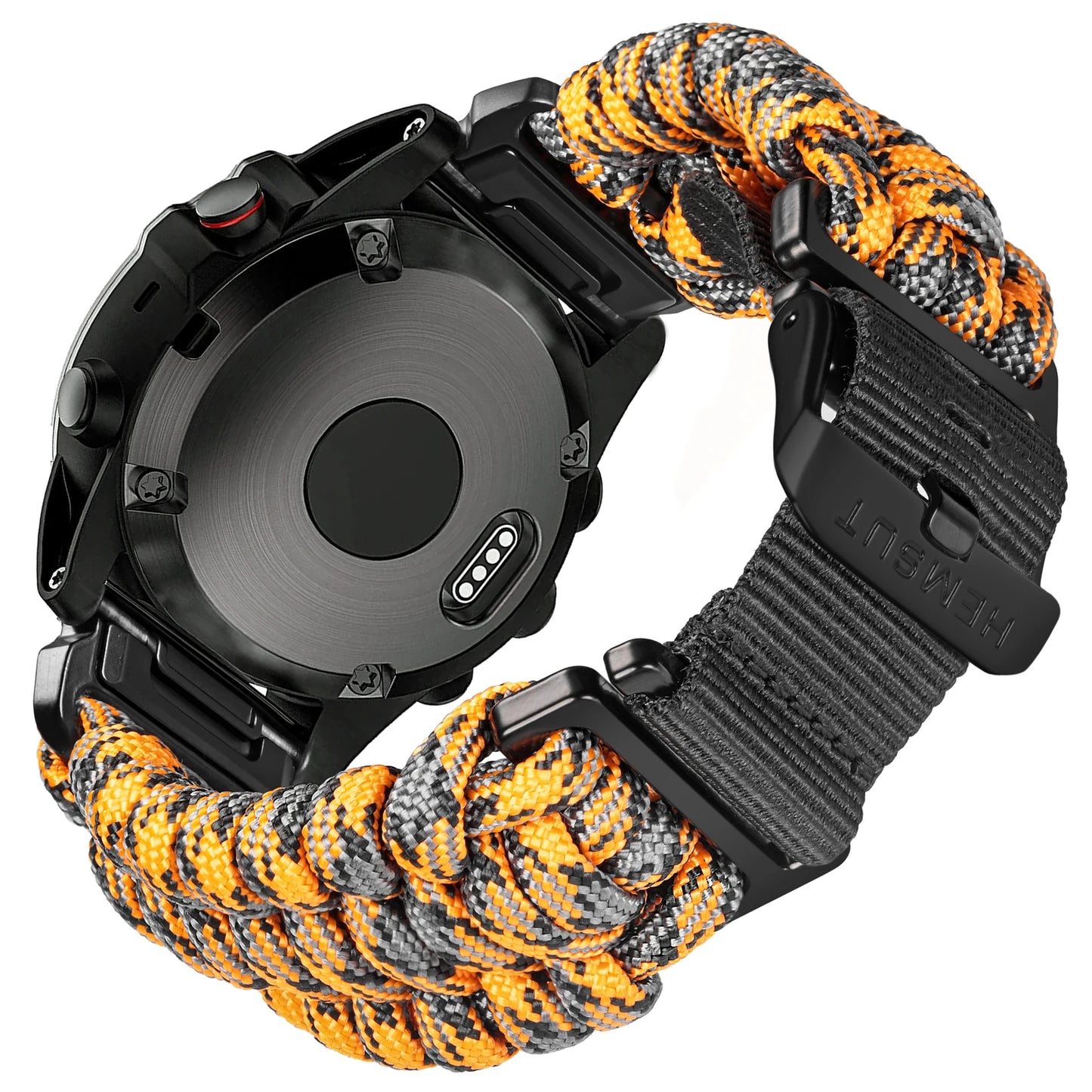 Garmin paracord watch band strap with black and orange design, durable and perfect for active lifestyles.