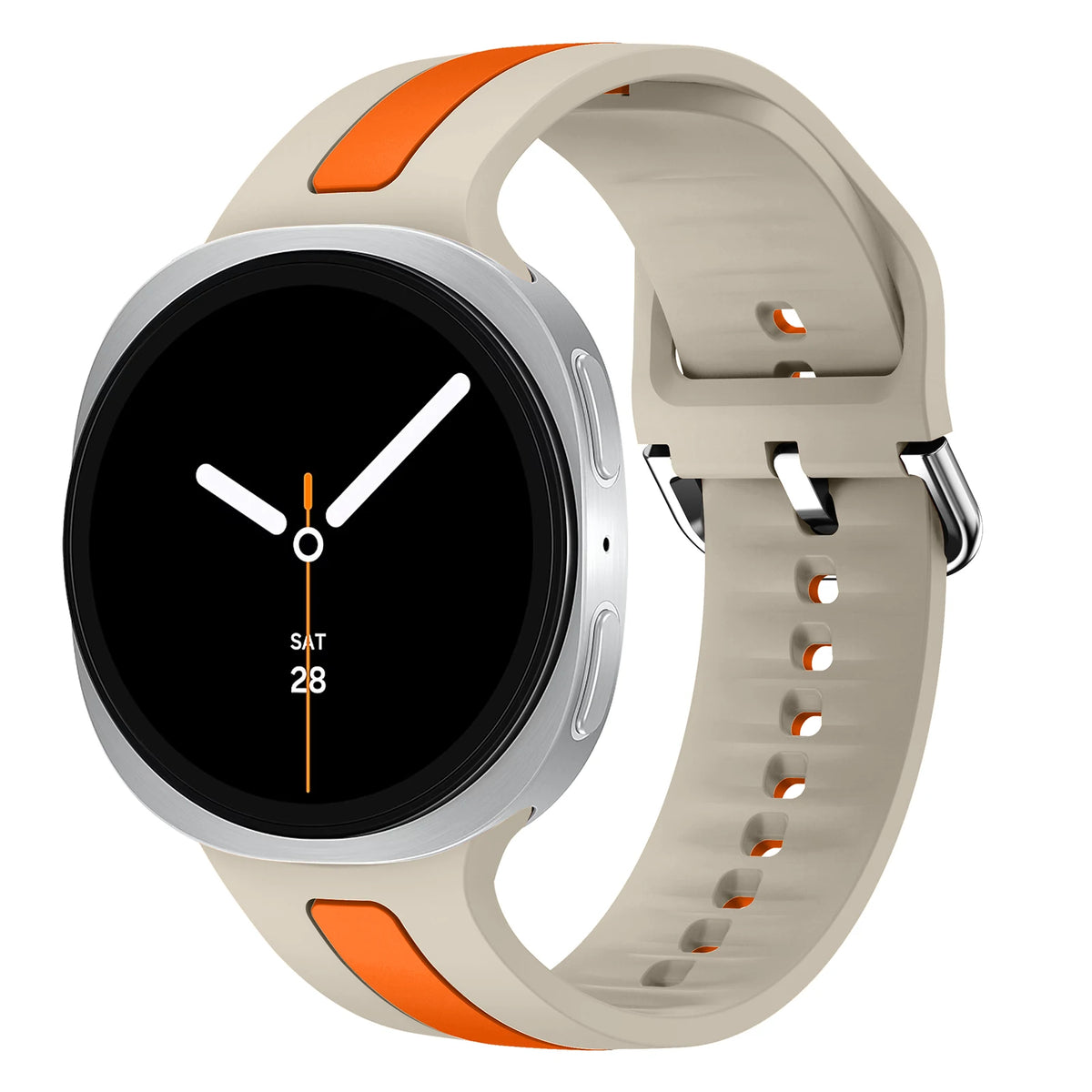 Samsung Galaxy Silicone Two-Tone Sport Watch Band - Watch8/Watch8 Classic/Watch9 in starlight orange and beige.