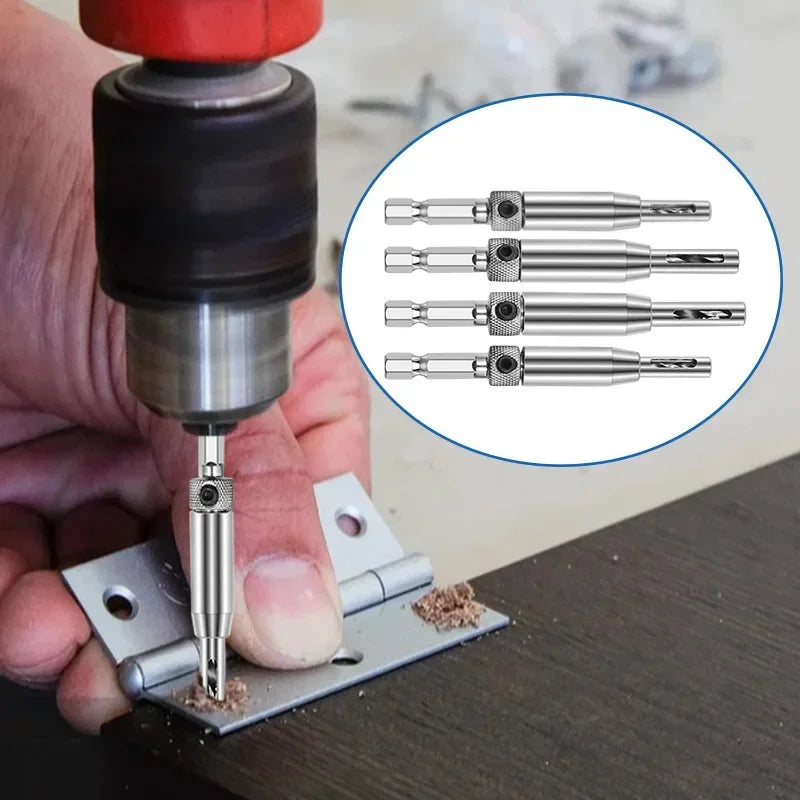 Self-centering hinge drill bit drilling a pilot hole in a hinge