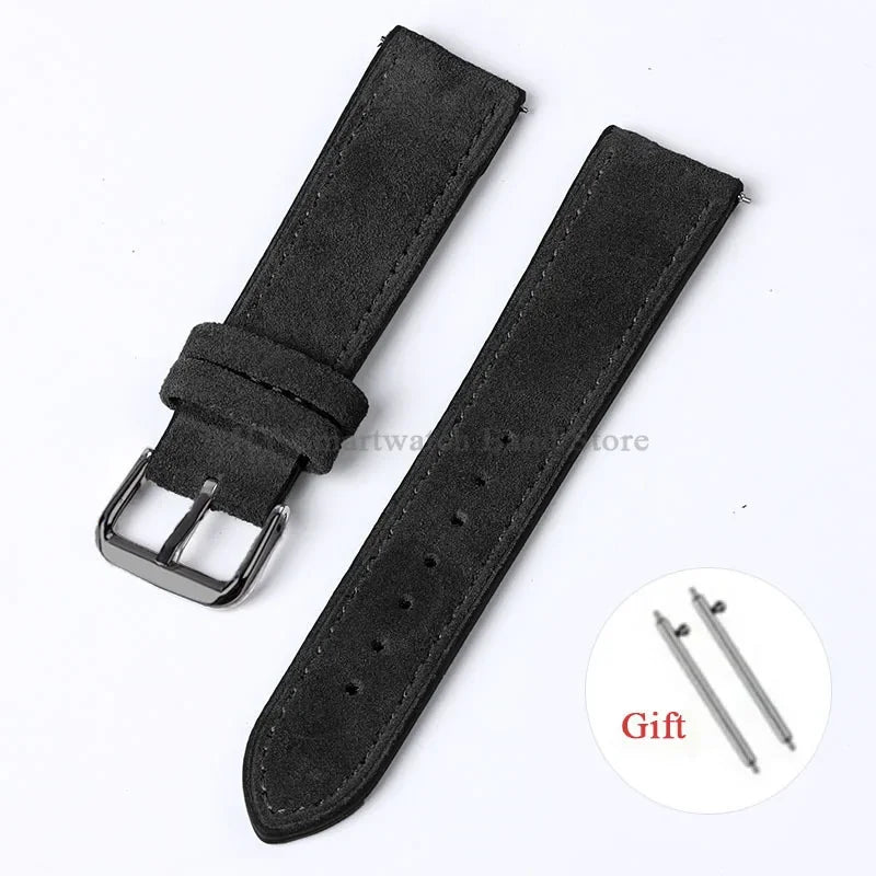 OnePlus Smartwatch Vintage Suede Leather Band Quick Release Strap in black with silver buckle and included gift tools.