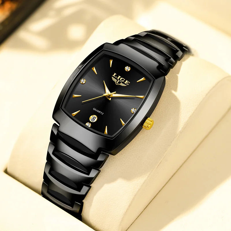Women's Sculpted Bracelet Tonneau Quartz Watch — Black / Gold-Tone Accents — BandsCo Straps
