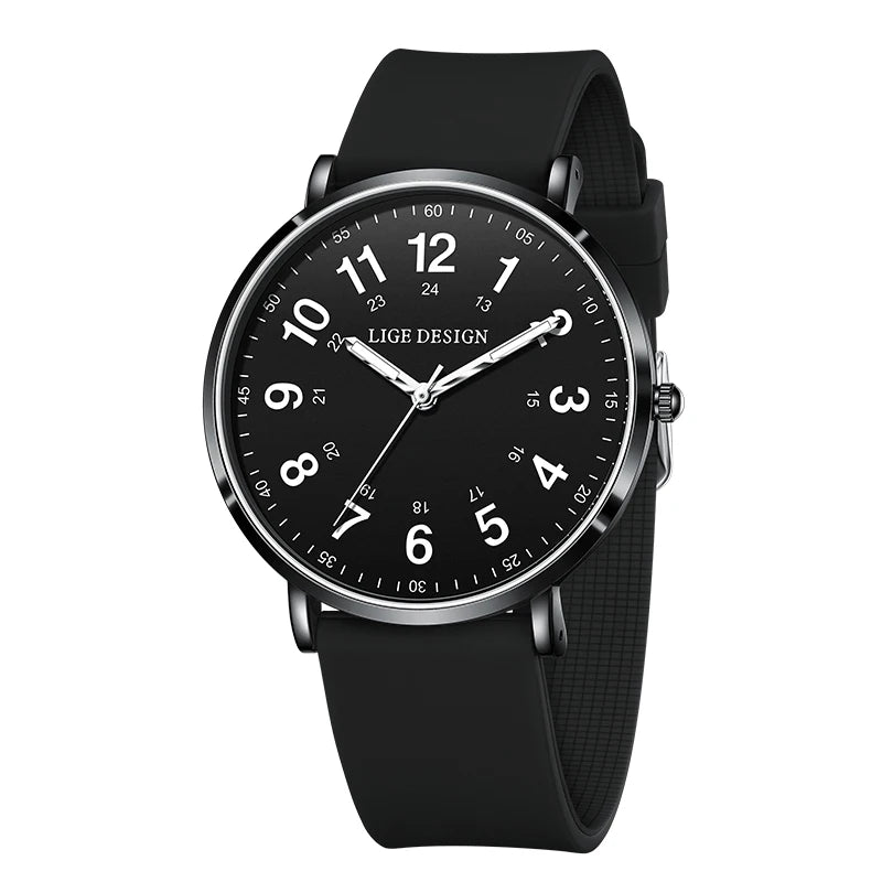 Women's Arabic Numeral Silicone Quartz Watch — Black / Black Case / Black Dial — BandsCo Straps