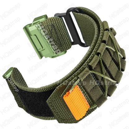 Garmin nylon strap in military green with adjustable buckle for smartwatch replacement band, featuring durable design.