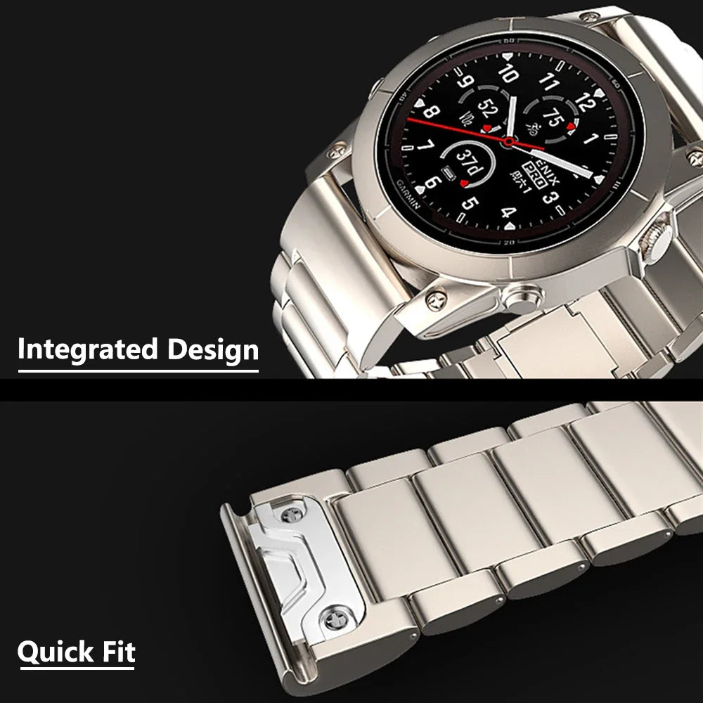 Garmin titanium smartwatch band showcasing integrated design and quick fit for easy adjustments and style.