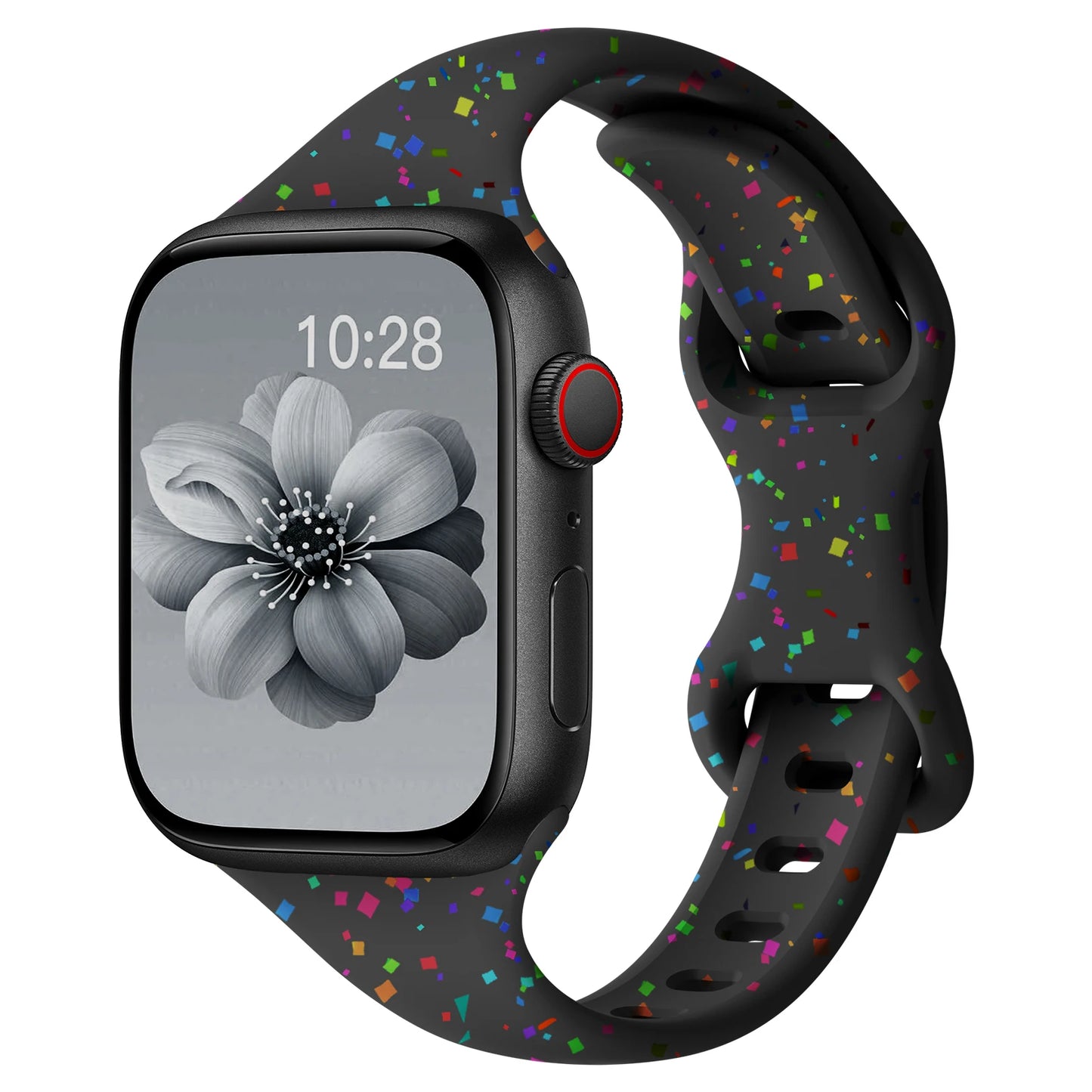 Colorful Apple Watch Silicone Band featuring a soft, flexible design with confetti patterns for style and comfort.