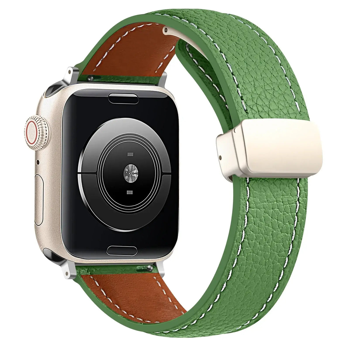 Stitched leather Apple Watch band in Green, with silver-tone folding clasp.