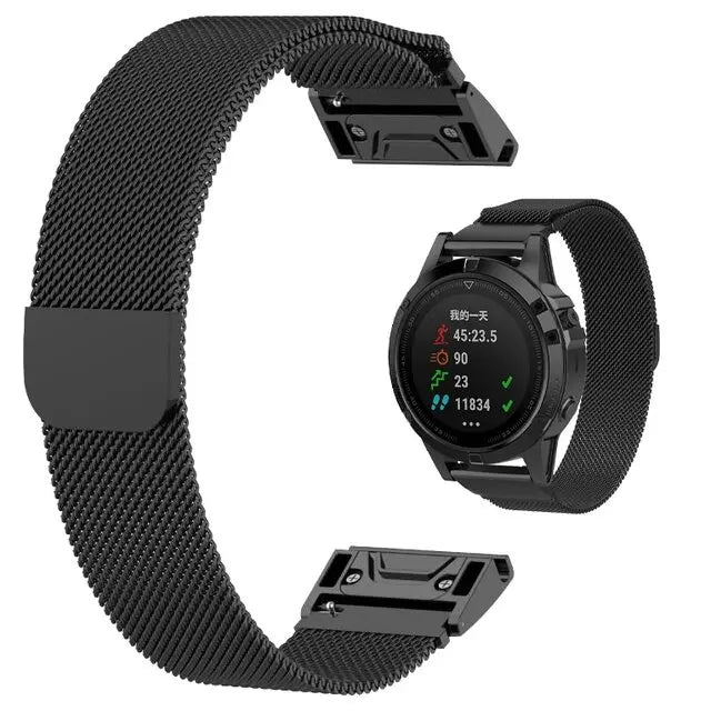 Garmin Metal Milanese Band in black, stylishly paired with a smartwatch, showcasing magnetic closure and durability.
