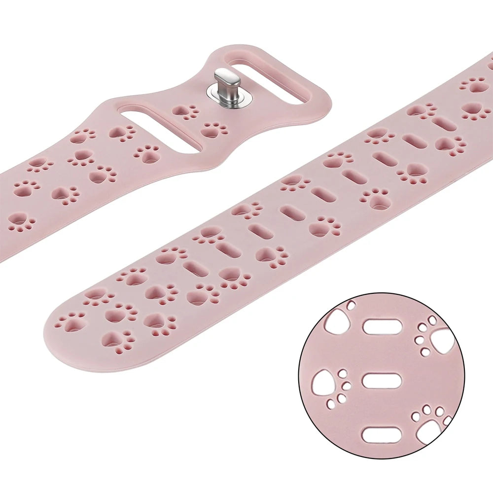 Paw print silicone strap and pin-and-tuck closure detail