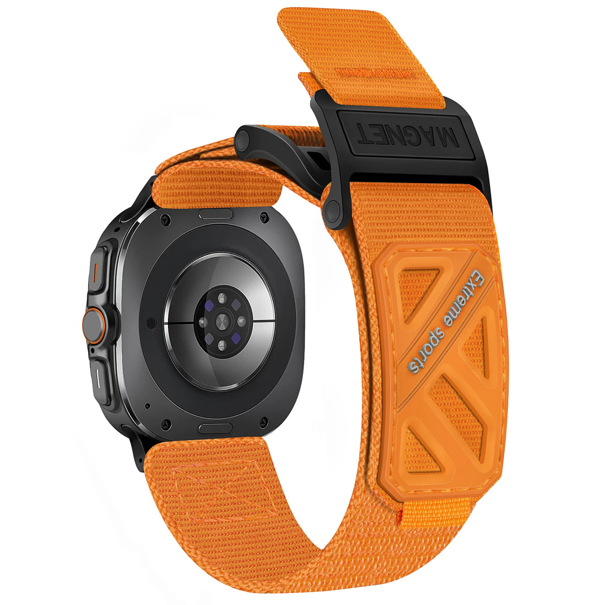 Samsung Galaxy Sport Magnetic Nylon Watch Band – Ultra/Ultra2 in vibrant orange, designed for comfort and durability.