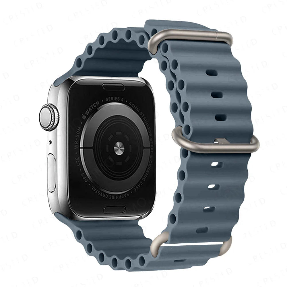 Apple Watch with breathable, waterproof silicone strap in blue, ideal for sports and daily wear.