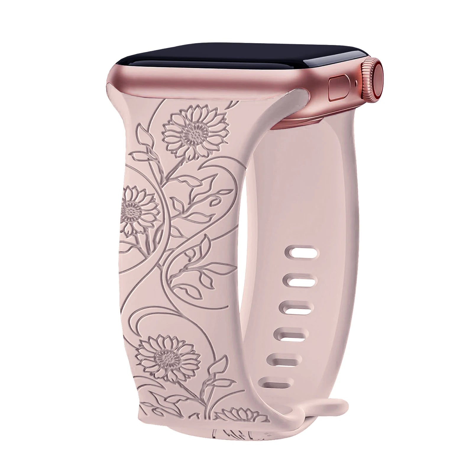 Apple Watch Silicone Strap in floral engraved design, soft pink color, waterproof and stylish for everyday wear.