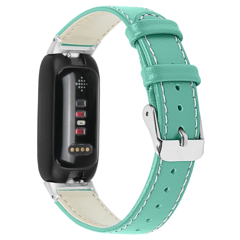 Fitbit Inspire 3 smartwatch band in teal leather, stylish and breathable strap for comfort and secure fit.
