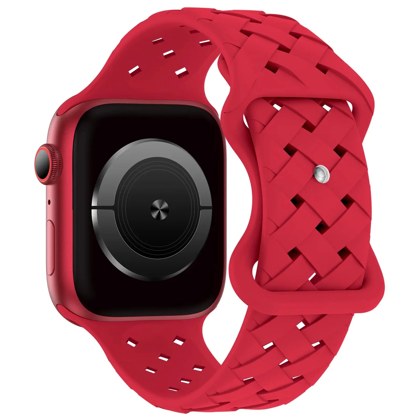 Red Apple Watch silicone strap with breathable, woven design for active lifestyles and all-day comfort.