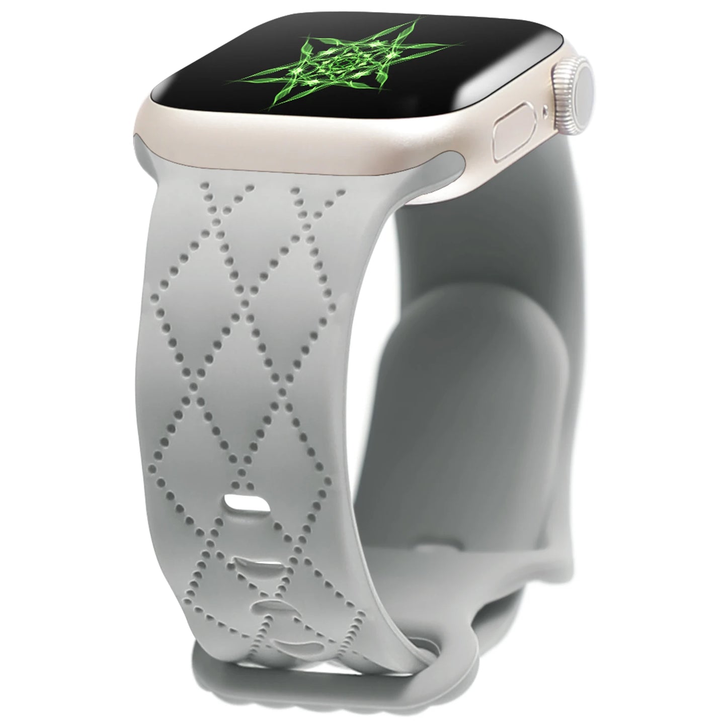 Apple Watch with soft silicone strap, featuring a flexible waterproof design and stylish diamond pattern.
