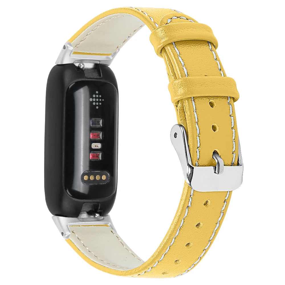 Fitbit Inspire 3 Leather Band in yellow, stylish and breathable strap for smartwatch, featuring secure metal clasp.