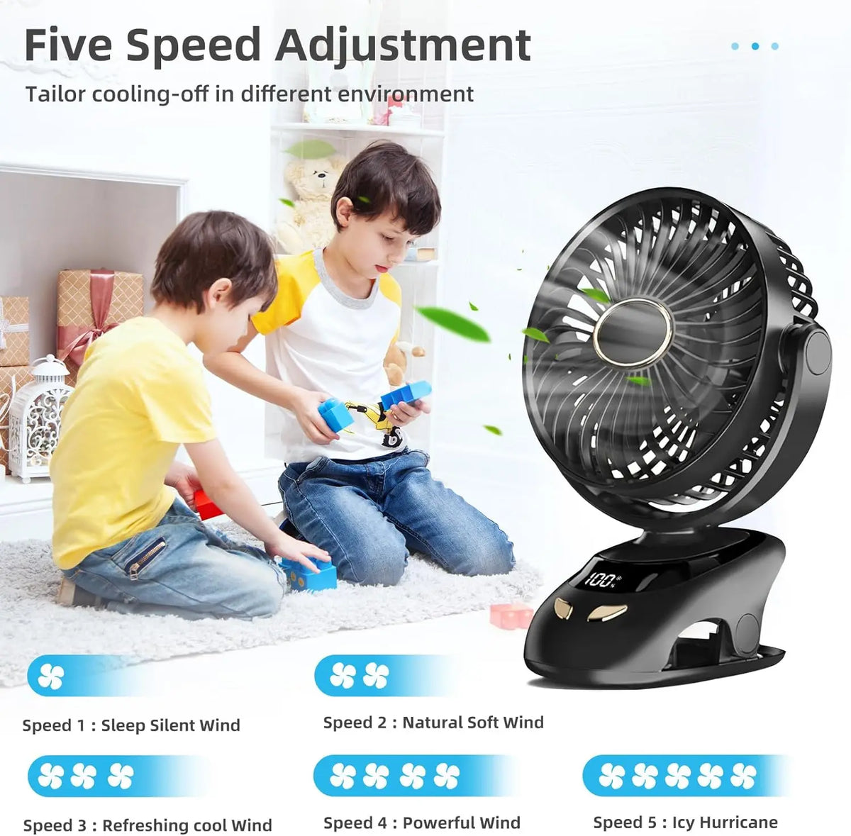 Rechargeable Clip-On Golf Cart Fan, 6 in Cordless Fan with 5 Speeds