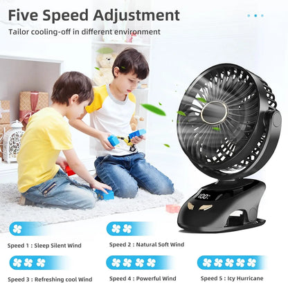 Rechargeable Clip-On Golf Cart Fan, 6 in Cordless Fan with 5 Speeds