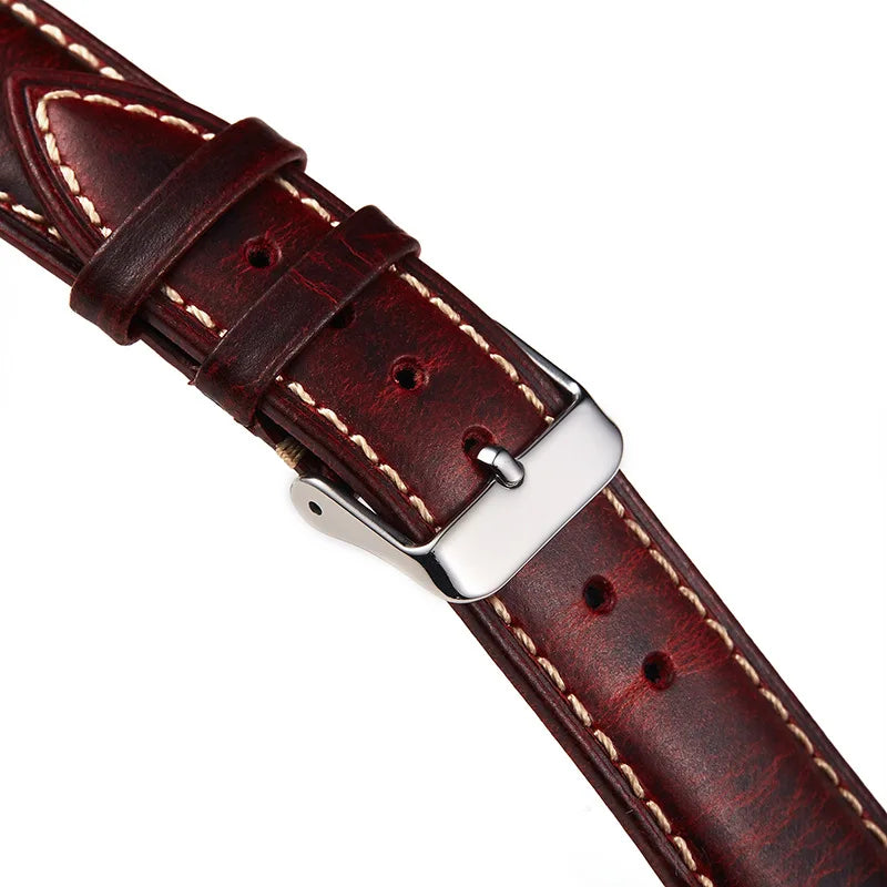 OnePlus Watch Bands, Oil Wax Leather Strap, Cowhide Replacement Band close-up showing buckle and stitching details.