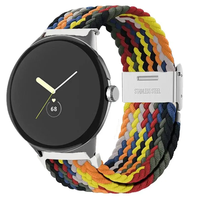 Braided Nylon Google Pixel Watch Band with Metal Clasp in Dark Rainbow