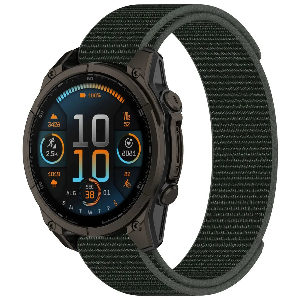 Garmin smartwatch with a breathable nylon loop strap, perfect for workouts and daily wear.