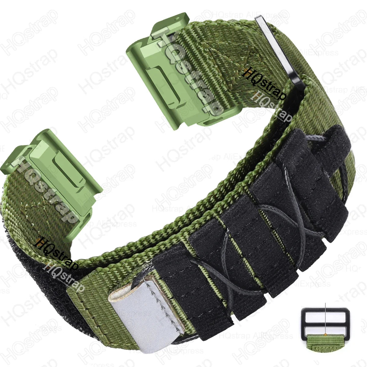 Garmin nylon strap in military style, adjustable and durable replacement band for smartwatches, featuring secure fit and breathability.