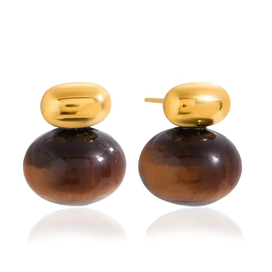 Chunky tiger's eye stud earrings, gold-tone stainless steel