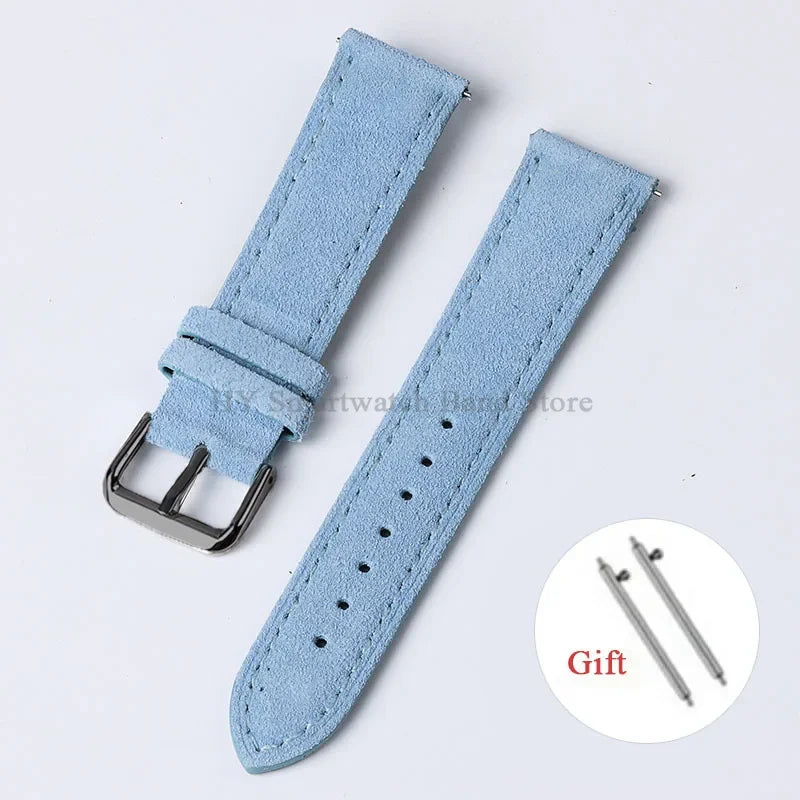 OnePlus Smartwatch Vintage Suede Leather Band Quick Release Strap in light blue with buckle and gift tools.