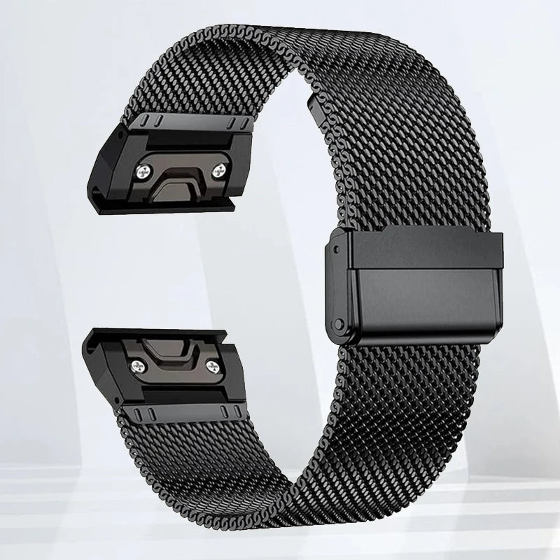 Garmin replacement strap in black stainless steel, ideal for smartwatch, featuring adjustable quickfit design for comfort.