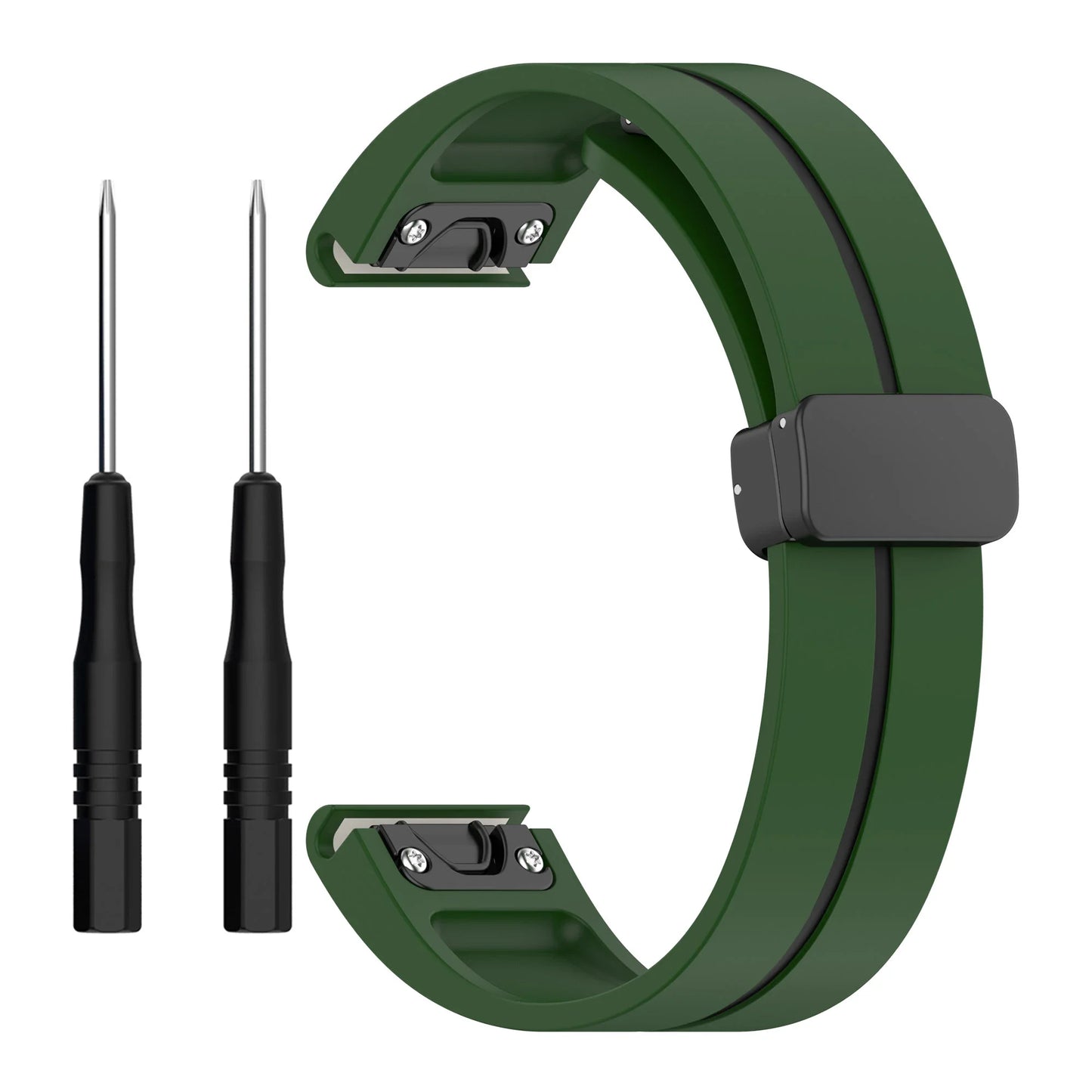 Garmin silicone replacement smartwatch strap in green with quickfit tools for easy installation.