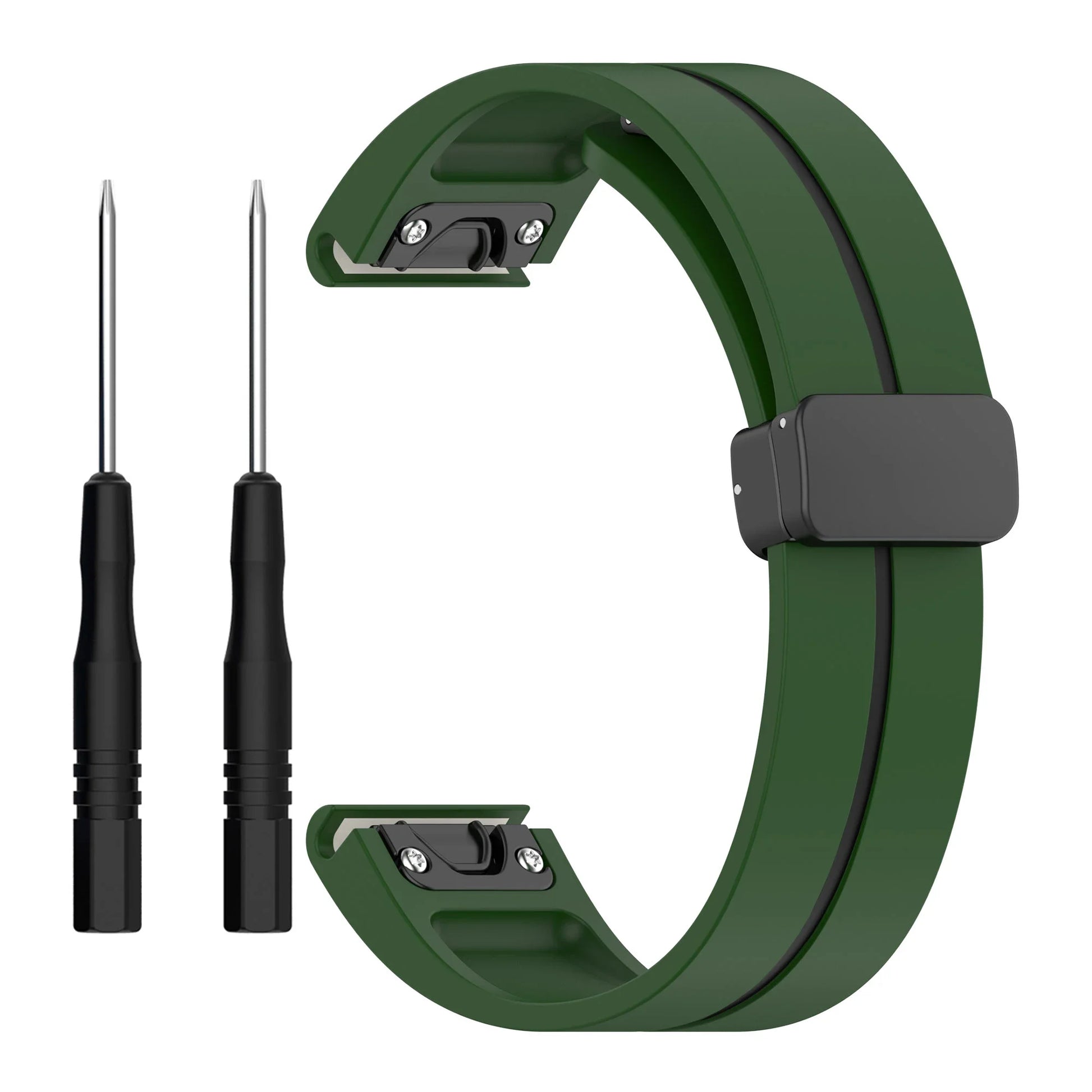 Garmin silicone replacement smartwatch strap in green with quickfit tools for easy installation.