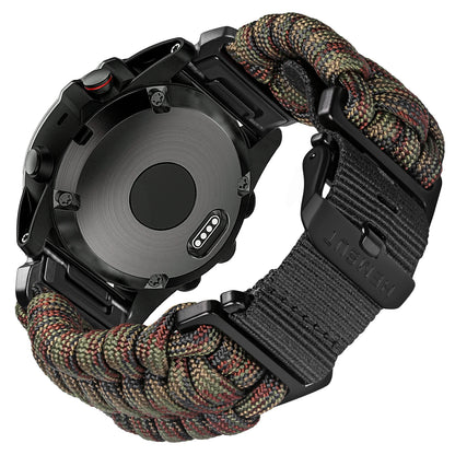 Garmin smartwatch with durable paracord band strap, showcasing its stylish design and quickfit feature.
