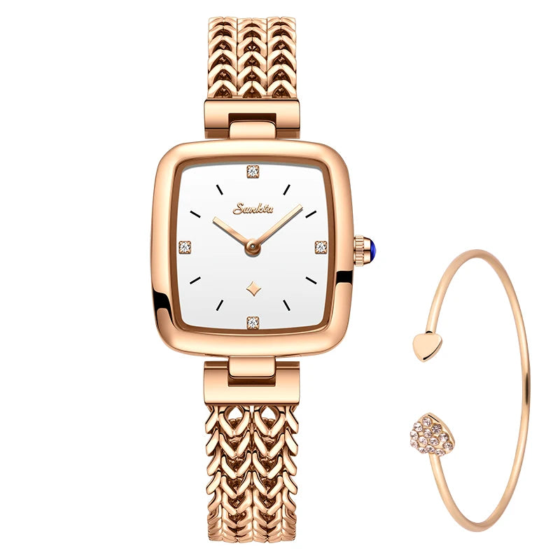 Women's Square Quartz Watch with Braided-Link Bracelet — Rose Gold Tone / White Dial