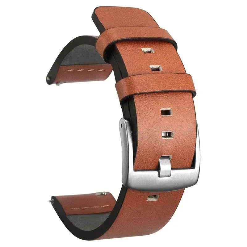 COROS Leather Watch Band with Square Adjustment Holes - Cognac - Silver Buckle