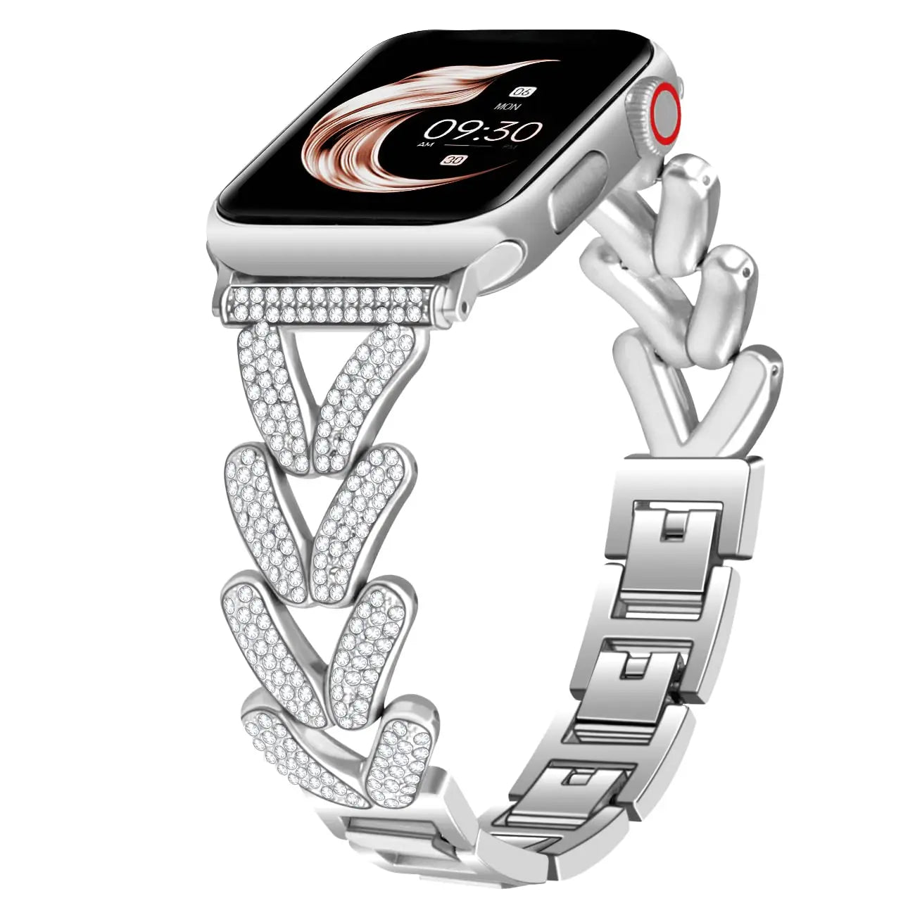 Apple Watch stainless steel band with sparkly crystal design, featuring elegant crystal embellishments for a glamorous look.