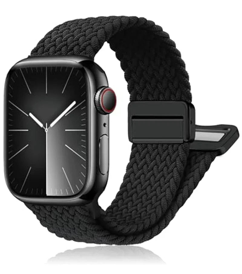 Black braided nylon band for Apple Watch, offering a comfortable and durable fit for everyday wear.