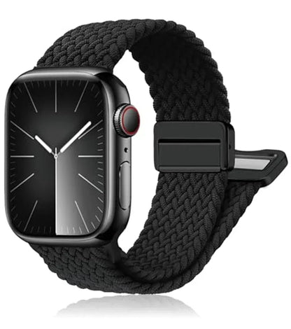 Black braided nylon band for Apple Watch, offering a comfortable and durable fit for everyday wear.