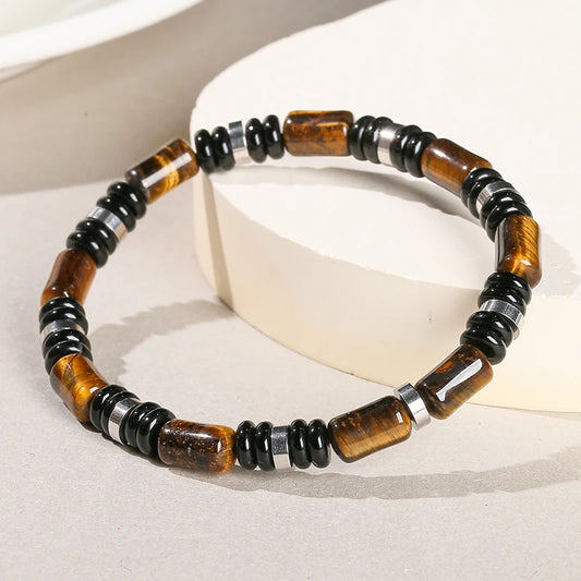 Tiger's eye tube bead bracelet with stainless steel spacers