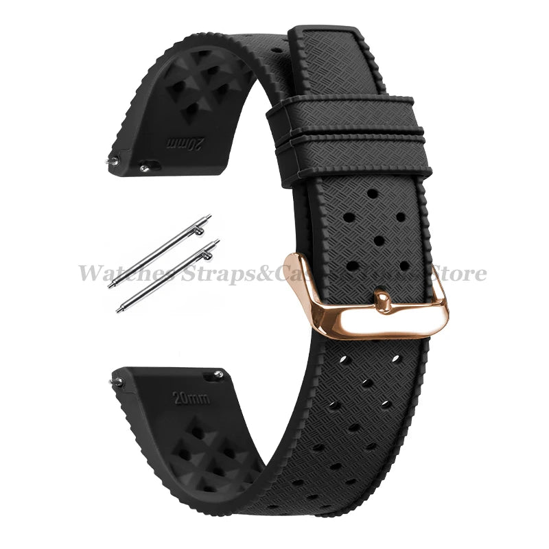 Garmin 18/20/22mm Quick Release Tropic-Style Silicone Band in Black with Rose Gold Buckle