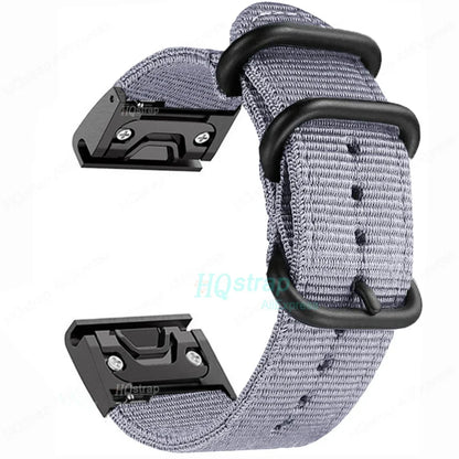 Garmin Canvas Nylon Strap in gray, durable and lightweight replacement band for smartwatches, featuring a quickfit mechanism.