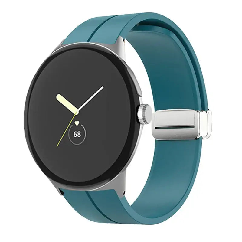 Magnetic Folding Clasp Silicone Google Pixel Watch Band in Teal / Silver