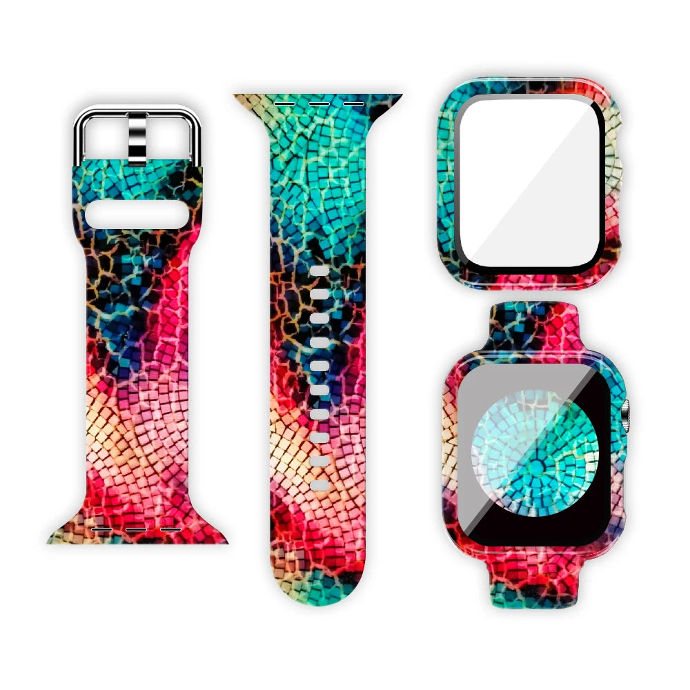 Vibrant printed Apple Watch silicone strap with mosaic design, showcasing style and comfort for everyday wear.